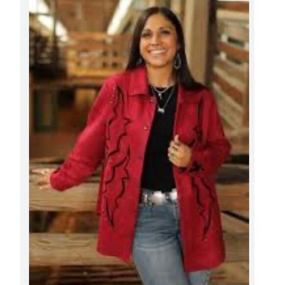 Lucky & Blessed Red Suede Boot Stitch Studded Jacket Western Rodeo NFR~NEW - Picture 5 of 16